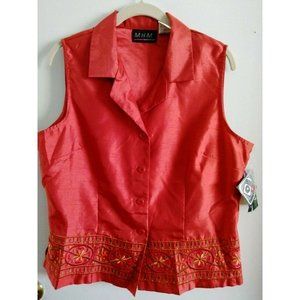 M.H.M. - MELISSA HARPER - BRICK RED EMBROIDERED - SIZE 14 SLEEVELESS BLOUSE TOP!